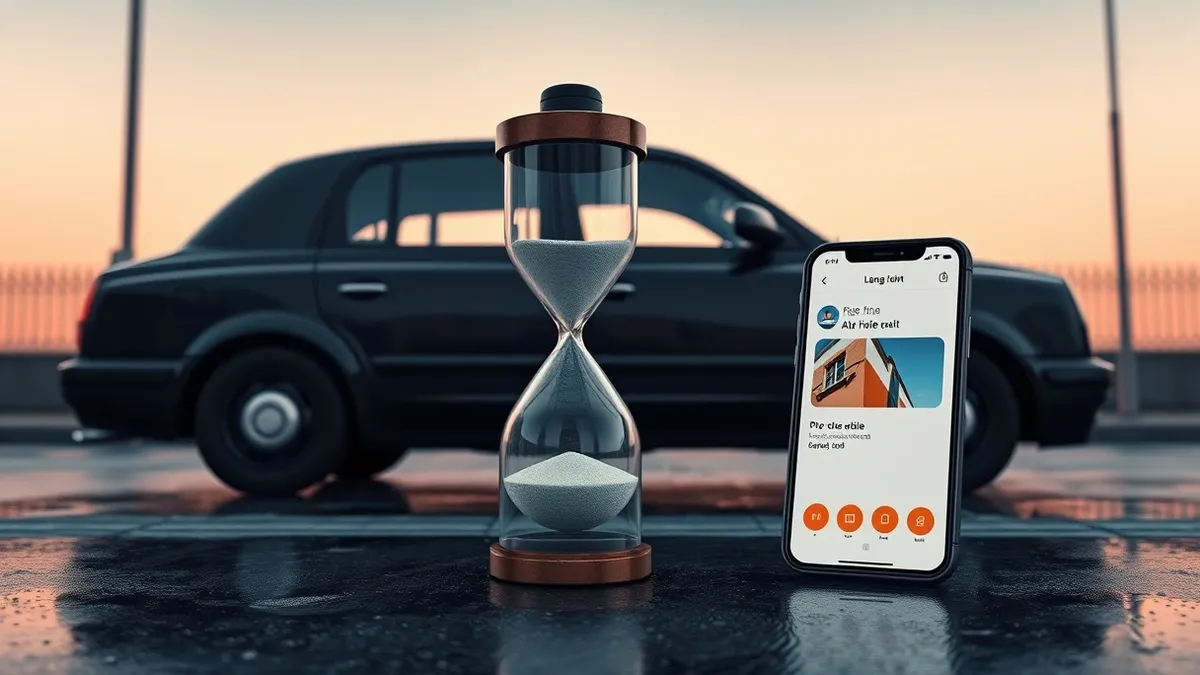 Illustration: A black London taxi sits idle on a wet street beside a modern ride-hailing app interface on a smartphone screen.