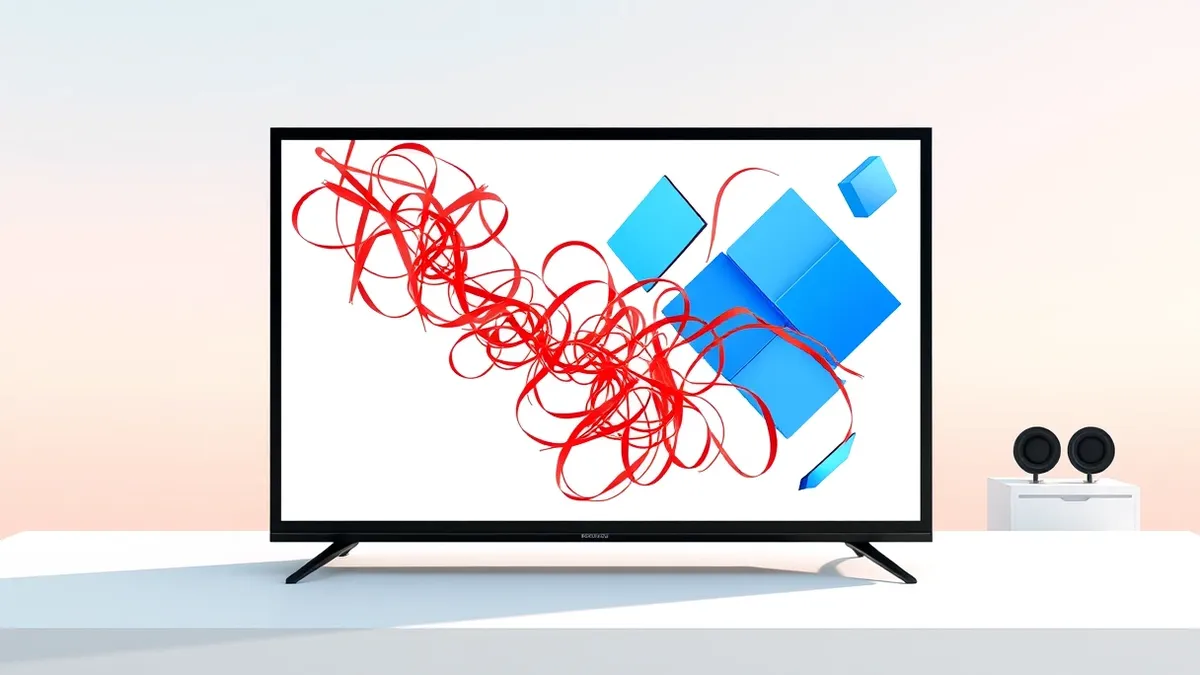 Illustration: A sleek black smart television sits flat on a white table.