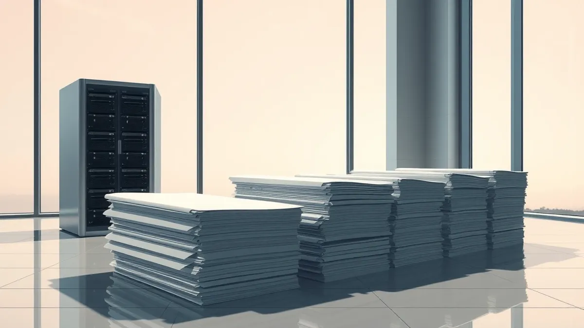 Illustration: A sleek server rack sits inside a modern European office, with a stack of blank paper reports resting heavily on the floor beside it.