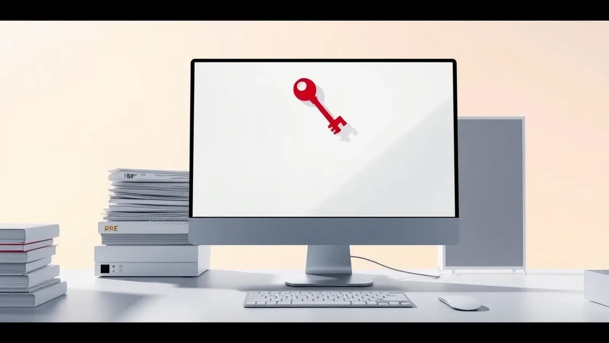 Illustration: A sleek silver computer terminal sits on a minimalist desk, its screen displaying a single, fragile red key icon hovering over a massive stack of blank white folders.