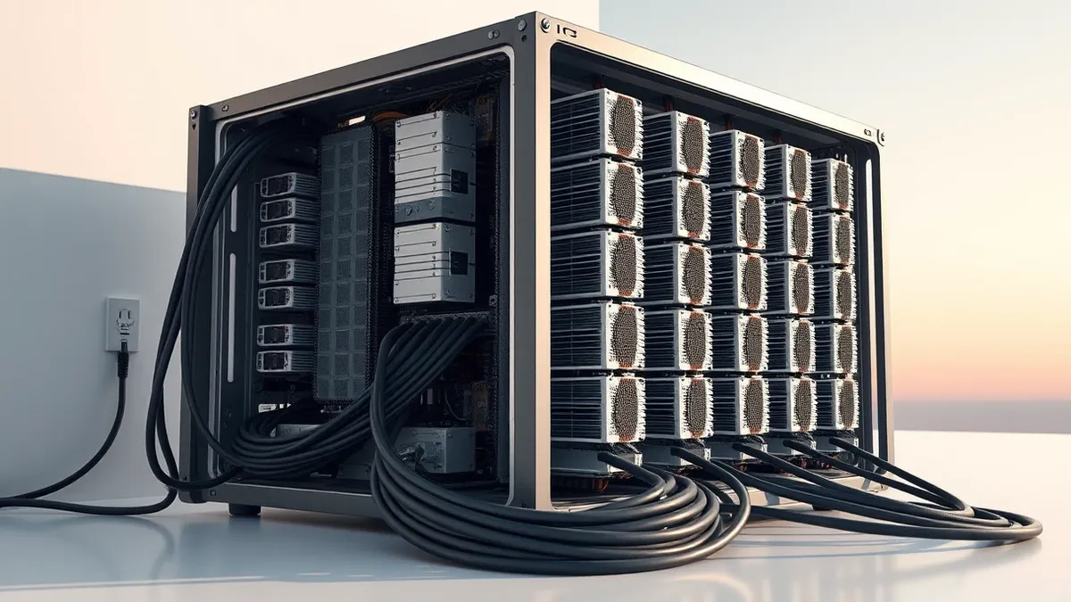 Illustration: A dense array of custom silicon accelerators sits inside a sleek, open server chassis.
