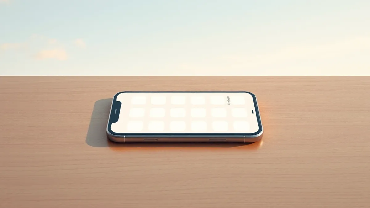 Illustration: A smartphone lies flat on a wooden table, displaying multiple blank app icons arranged in a grid.
