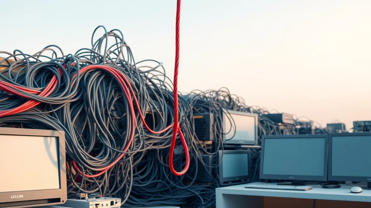 Illustration: A tangled mass of thick cables connects various network devices, but a single red wire is severed and hangs loose in the foreground.