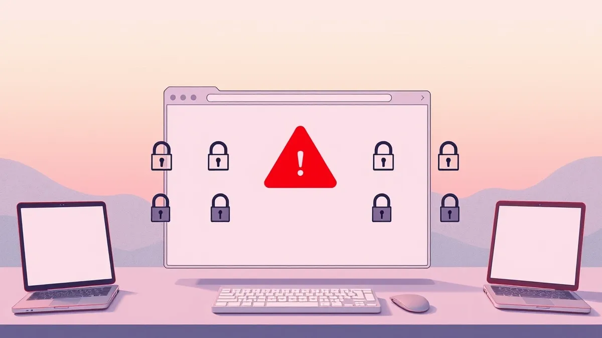 Illustration: A web browser window displays a red warning triangle over a blank webpage.
