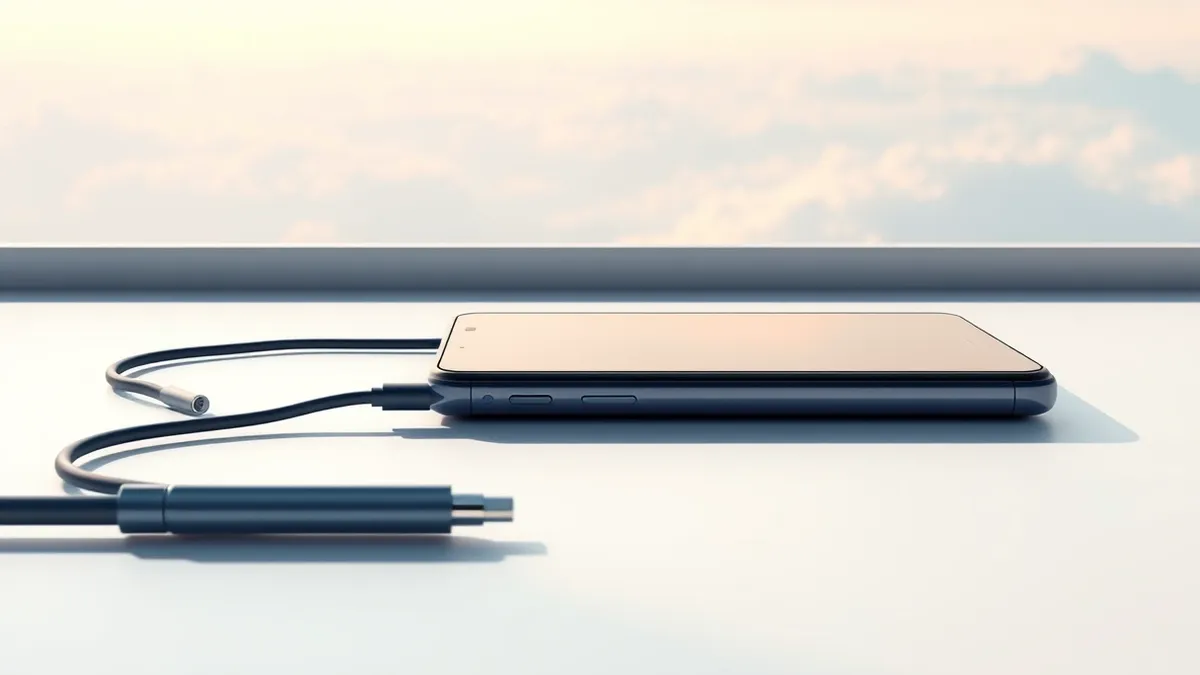 Illustration: A folded smartphone rests on a sleek surface next to a digital stylus with a USB-C connector.