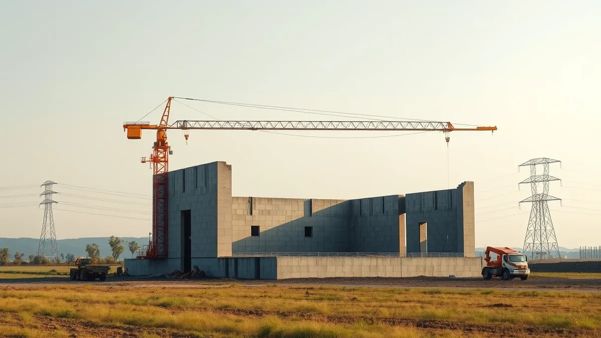 Illustration: A large construction crane stands idle over a half-built concrete foundation in a rural field.