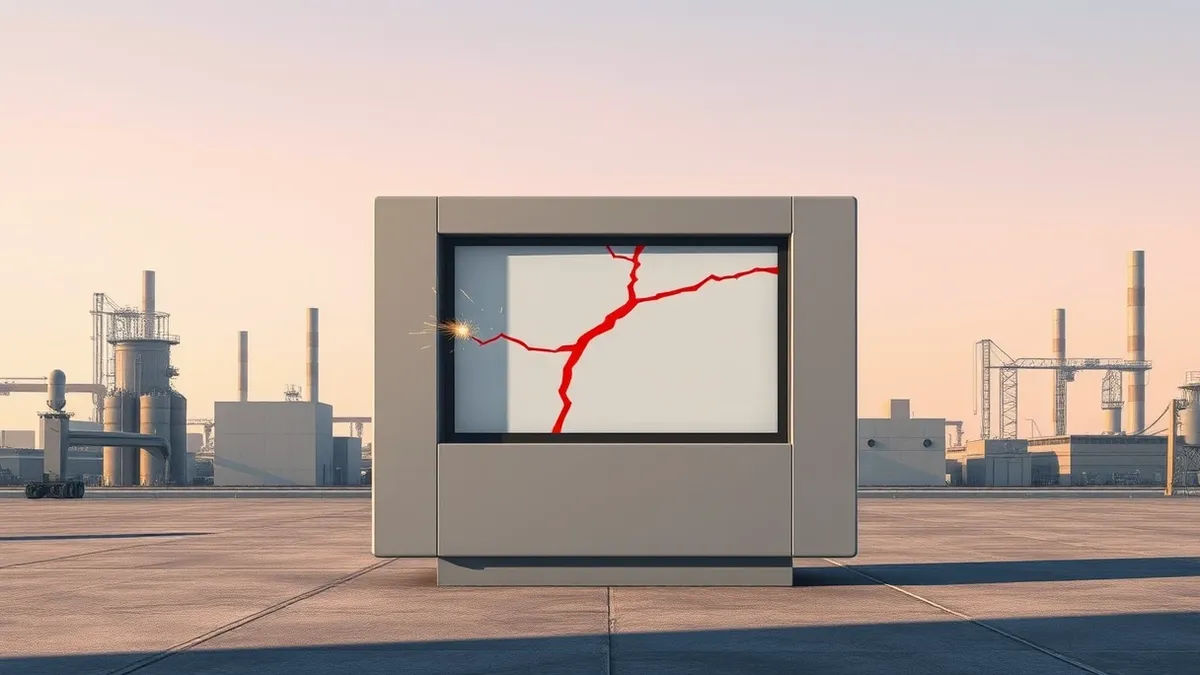 Illustration: A gray industrial control panel sits on a factory floor.