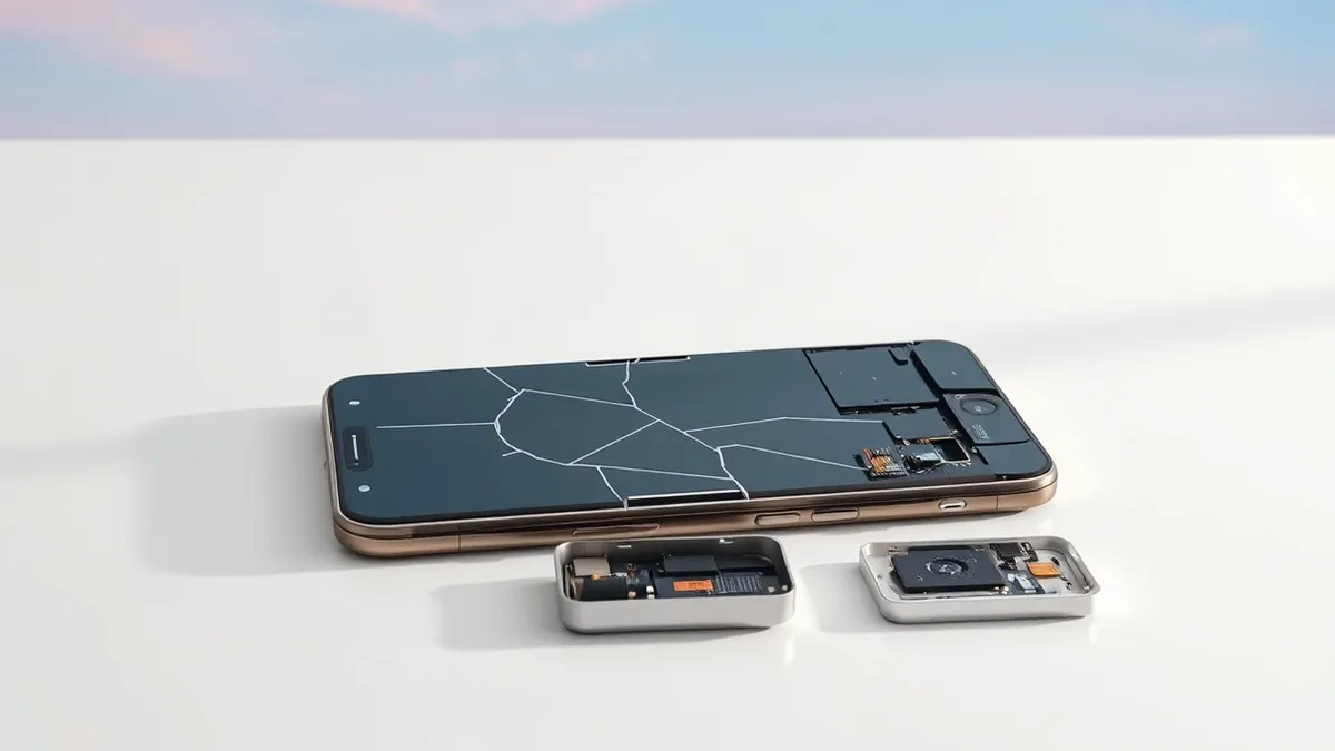 Illustration: A folded smartphone lies flat on a clean white workbench with its screen visibly cracked and separated from the frame.