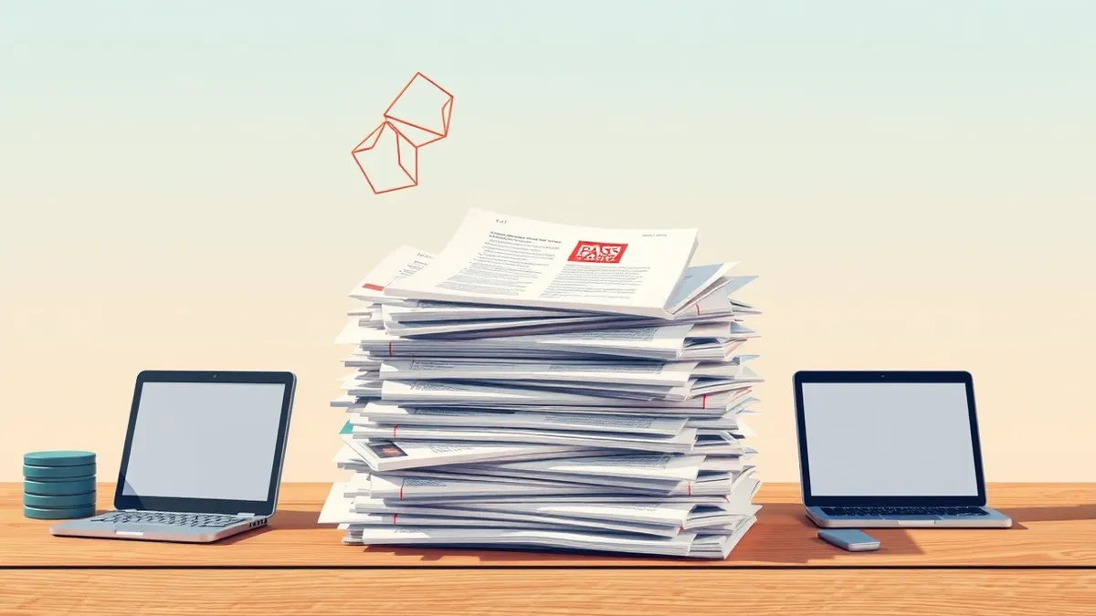 Illustration: A thick stack of multilingual documents spills across a wooden desk.