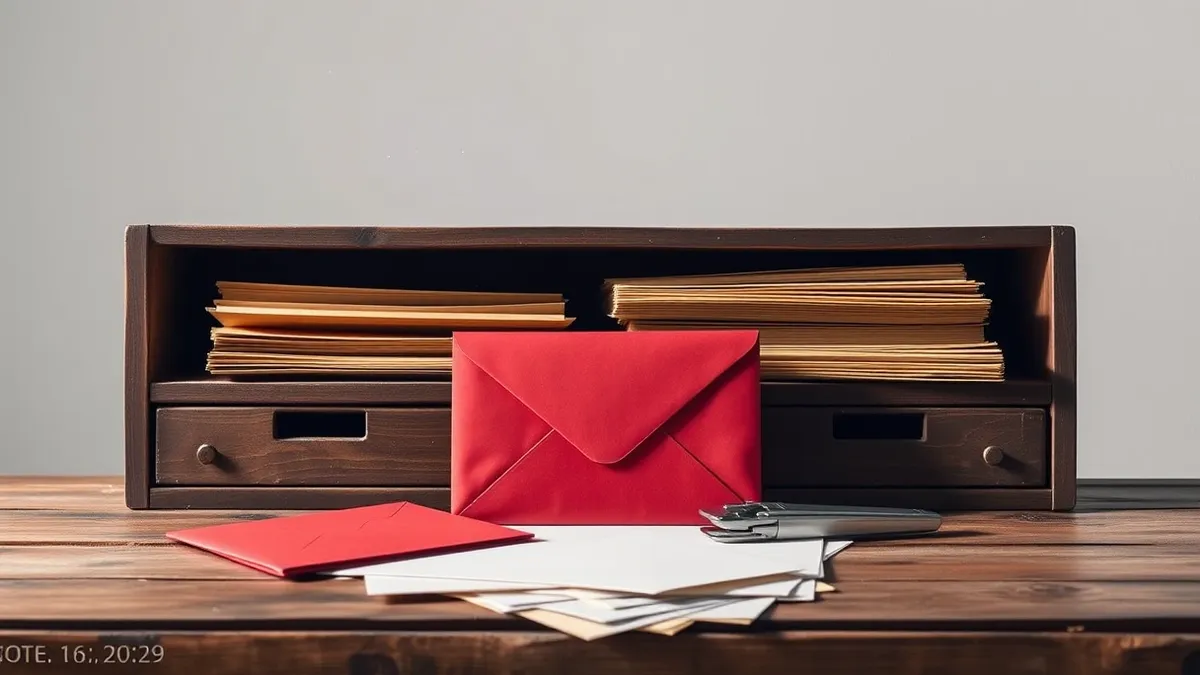 Illustration: A weathered wooden desk holds a stack of blank manila folders and a single red envelope.