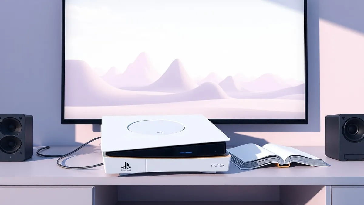 Illustration: A white PlayStation 5 console sits on a shelf with a faded PlayStation 2 disc inserted into its tray.