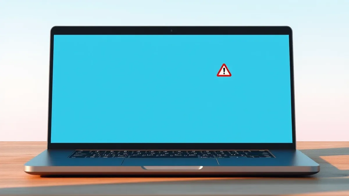 Illustration: A sleek black laptop sits open on a wooden desk, its screen displaying a solid blue background with a single white window frame.