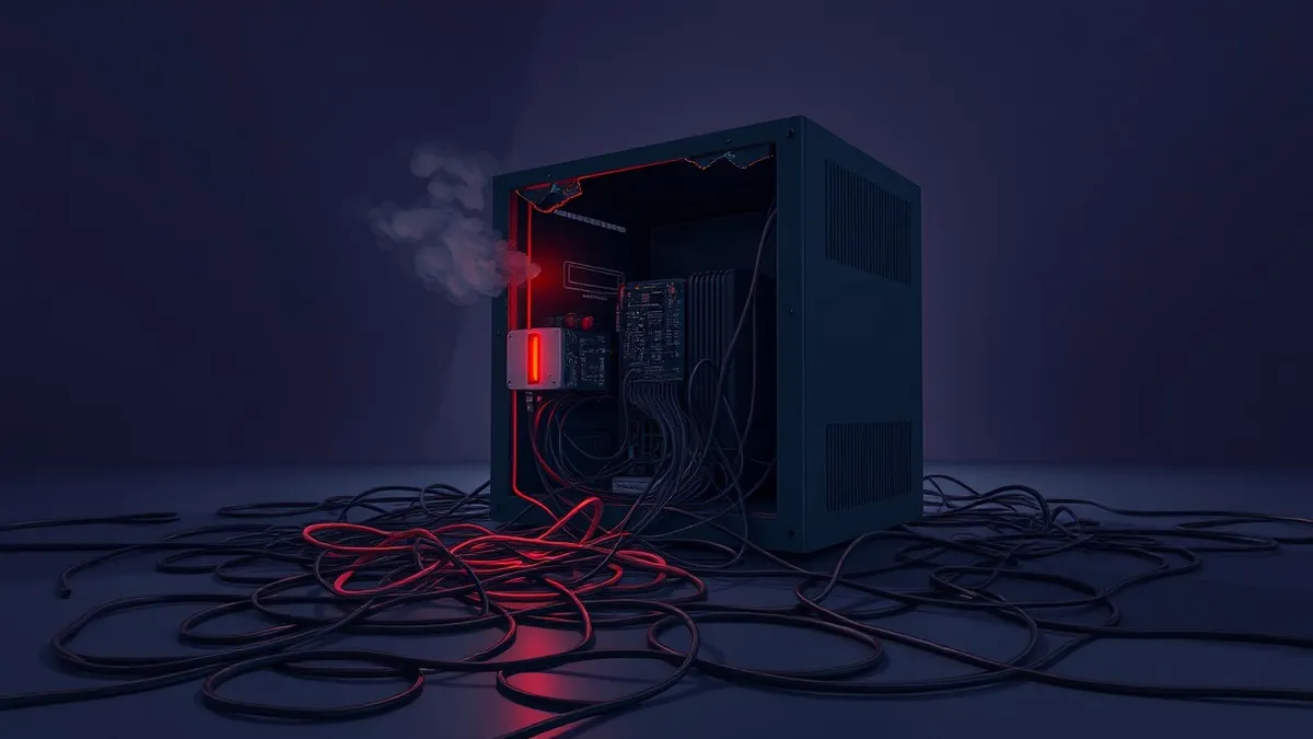 Illustration: A cracked server cage sits in a dark room with tangled cables spilling onto the floor.