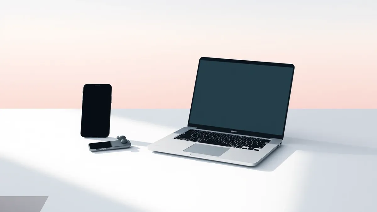 Illustration: A sleek silver laptop sits open on a minimalist white desk alongside a black smartphone and wireless earbuds.