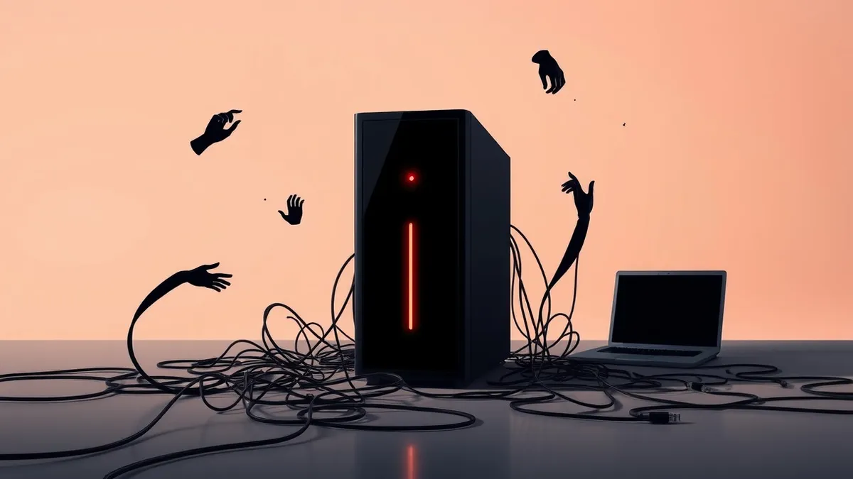 Illustration: A sleek black server sits alone in a dimly lit room, surrounded by tangled cables that snake toward the floor like vines.