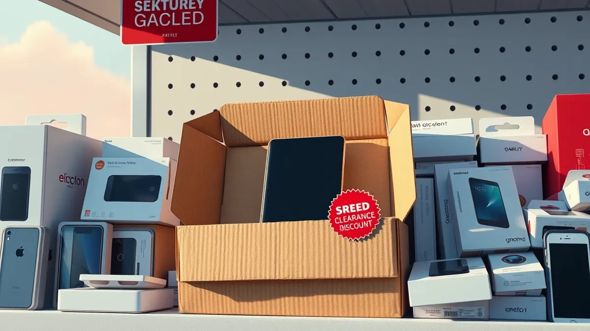 Illustration: An open cardboard box sits on a cluttered retail shelf next to other electronics packaging.