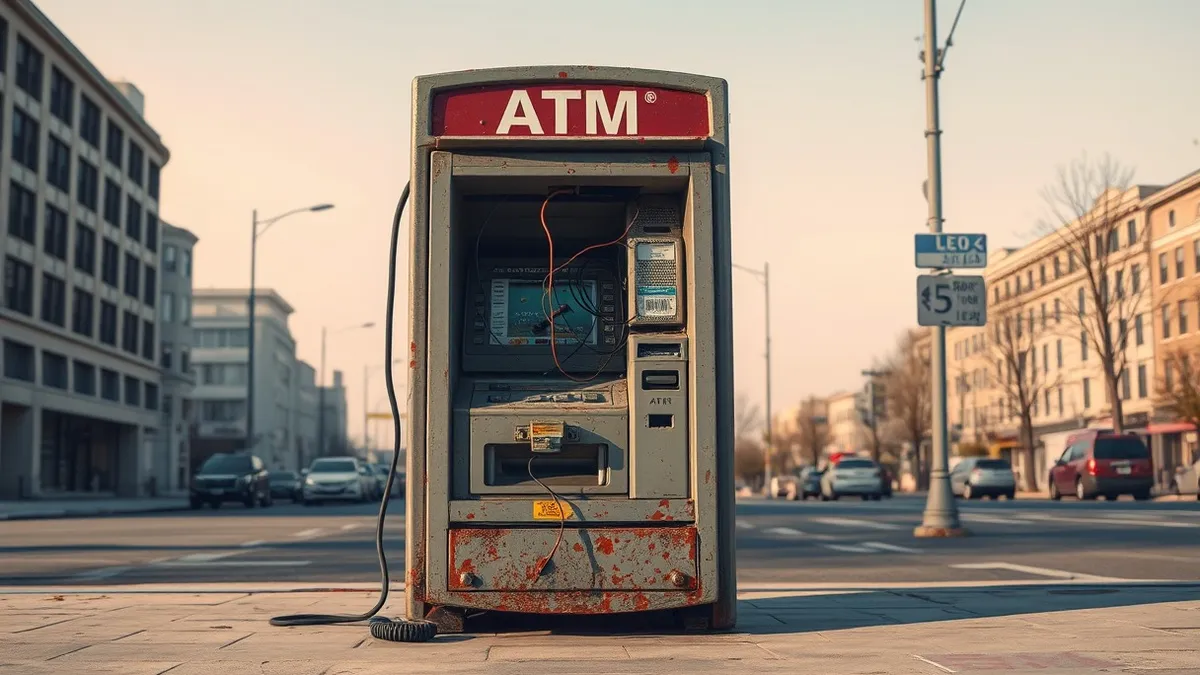 Illustration: A weathered ATM machine sits on a city street with its front panel pried open, exposing tangled wires and circuit boards.