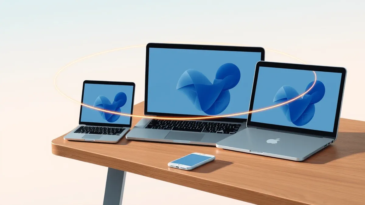 Illustration: A white smartphone rests on a wooden desk beside a silver laptop and a tablet, all displaying blank screens with abstract blue shapes.