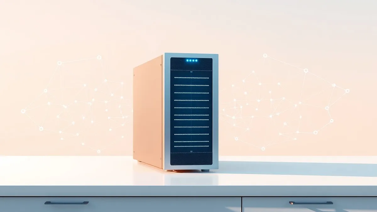 Illustration: A sleek silver server unit sits on a clean white desk, its front panel displaying soft pulsing blue light.
