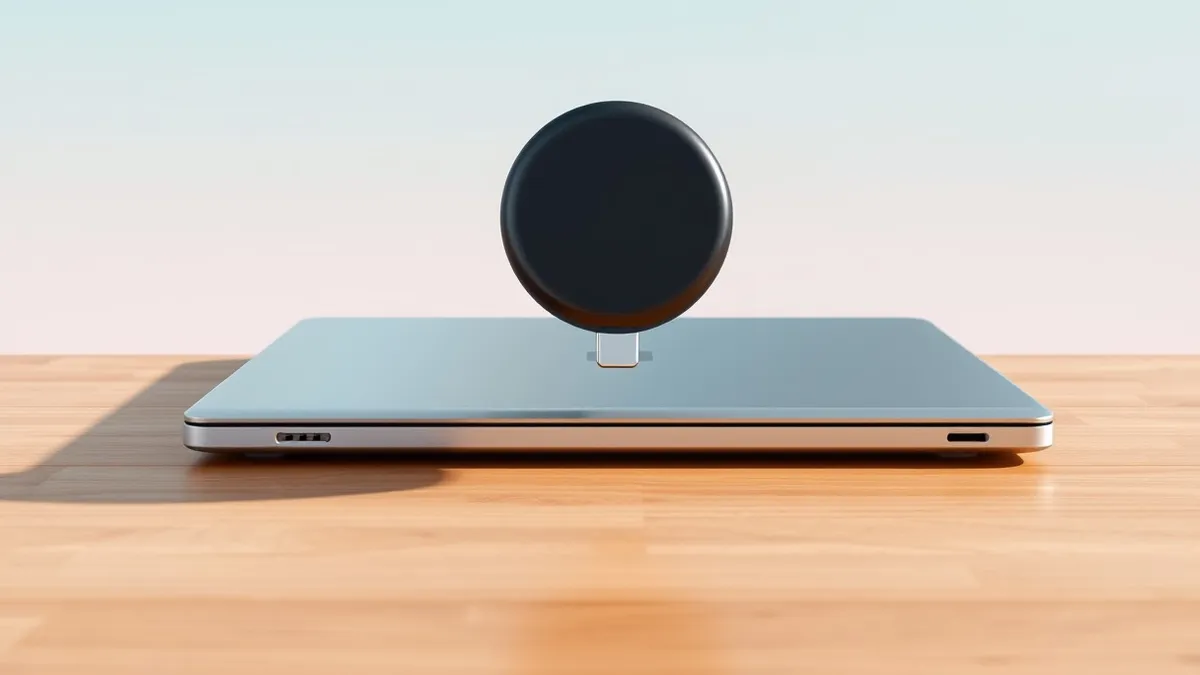 Illustration: A sleek silver laptop rests on a wooden desk with its USB-C port open.