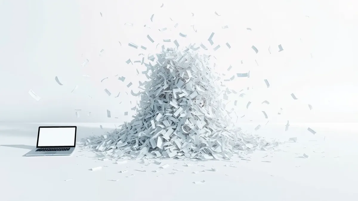 Illustration: A disintegrating pile of tangled paper fragments collapses outward from a central point.