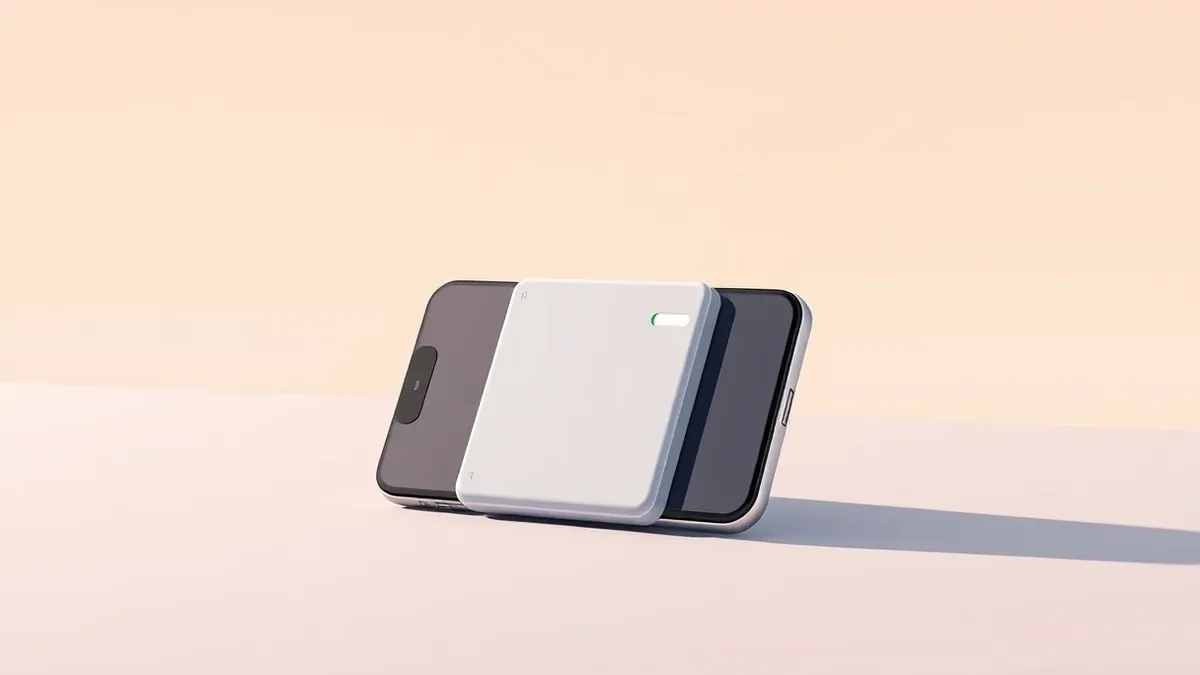 Illustration: A sleek, rectangular magnetic battery pack snaps firmly onto the back of a dual-screen smartphone.