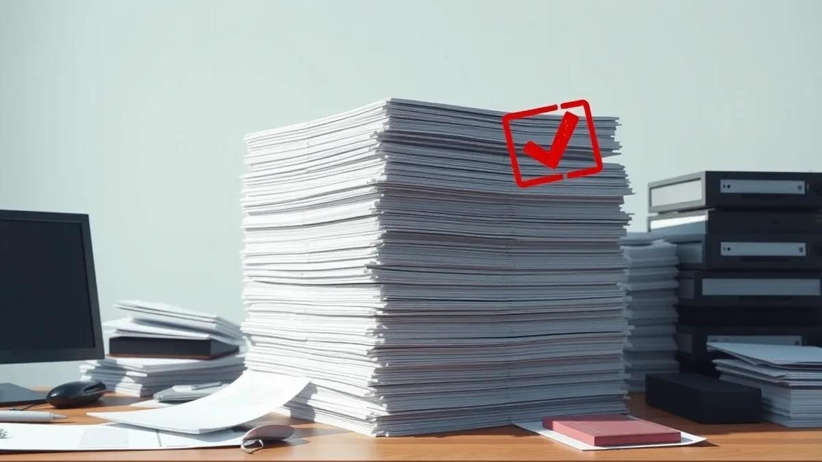 Illustration: A stack of identical blank white papers sits on a cluttered desk, each bearing the same abstract geometric shape.