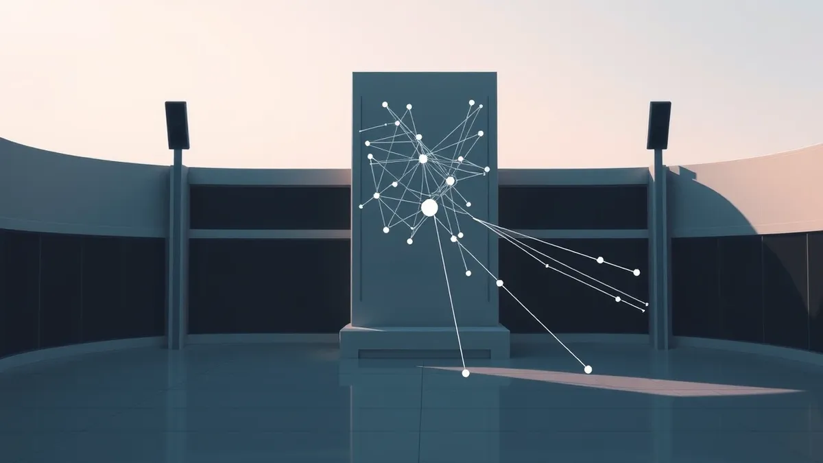 Illustration: A sleek grey control tower sits in a sterile office, its central console displaying a complex web of abstract white lines that connect to various geometric shapes.