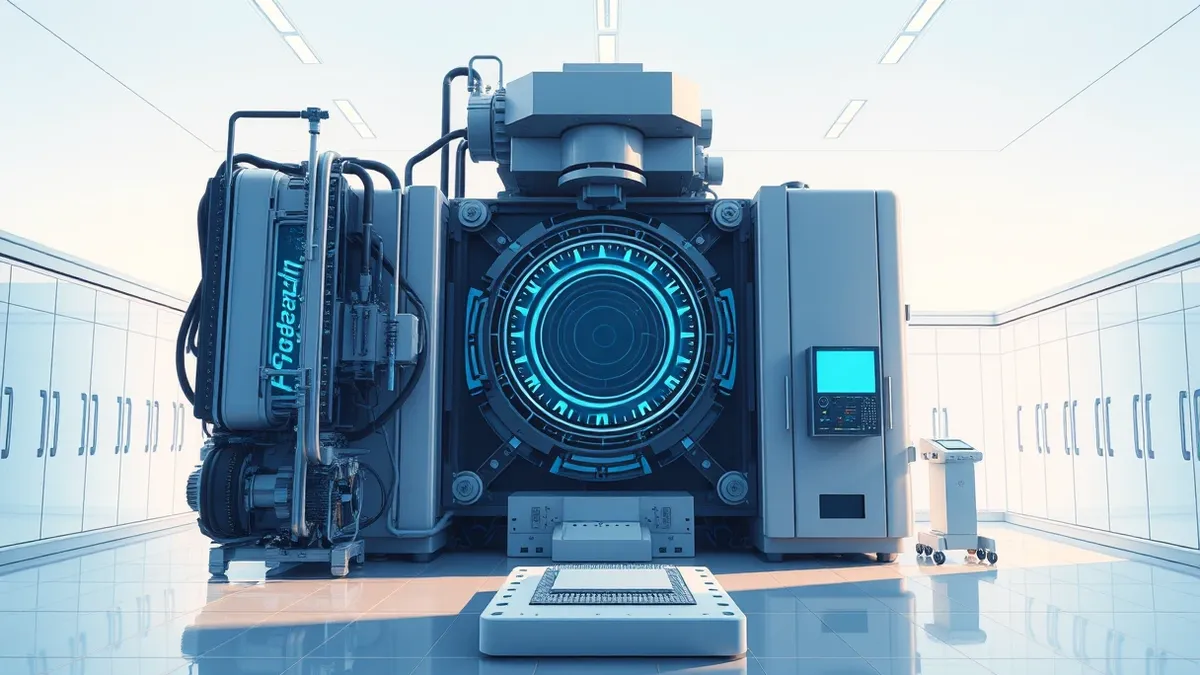 Illustration: A massive, intricate semiconductor lithography machine sits inside a sterile cleanroom environment.