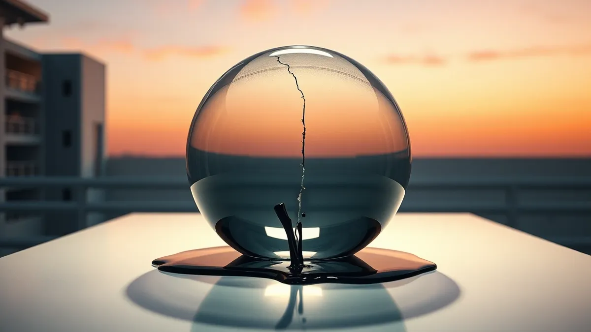 Illustration: A cracked glass sphere sits on a sterile laboratory table.