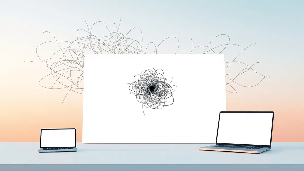Illustration: A minimalist vector icon sits on a blank white canvas, its simple geometric lines contrasting with a tangled, chaotic knot of threads exploding from the center.