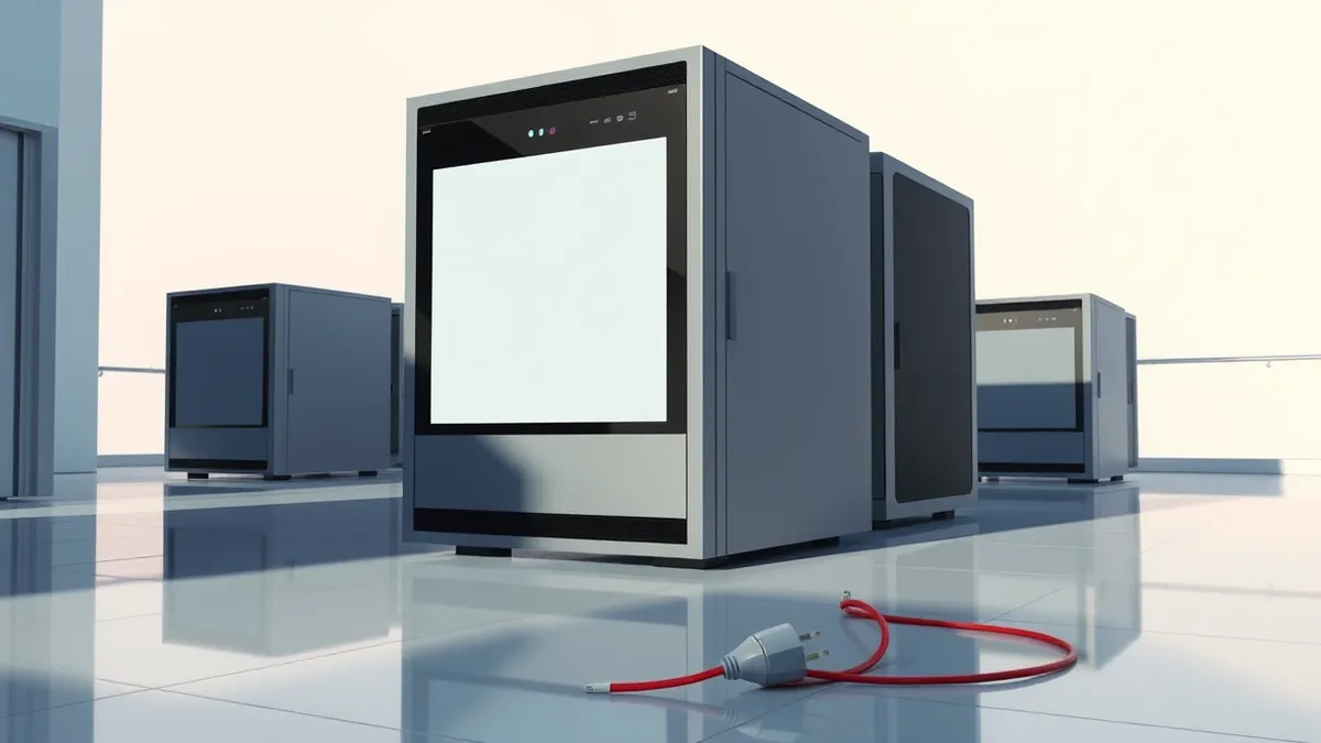 Illustration: A sleek, gray enterprise server tower sits on a polished office floor.