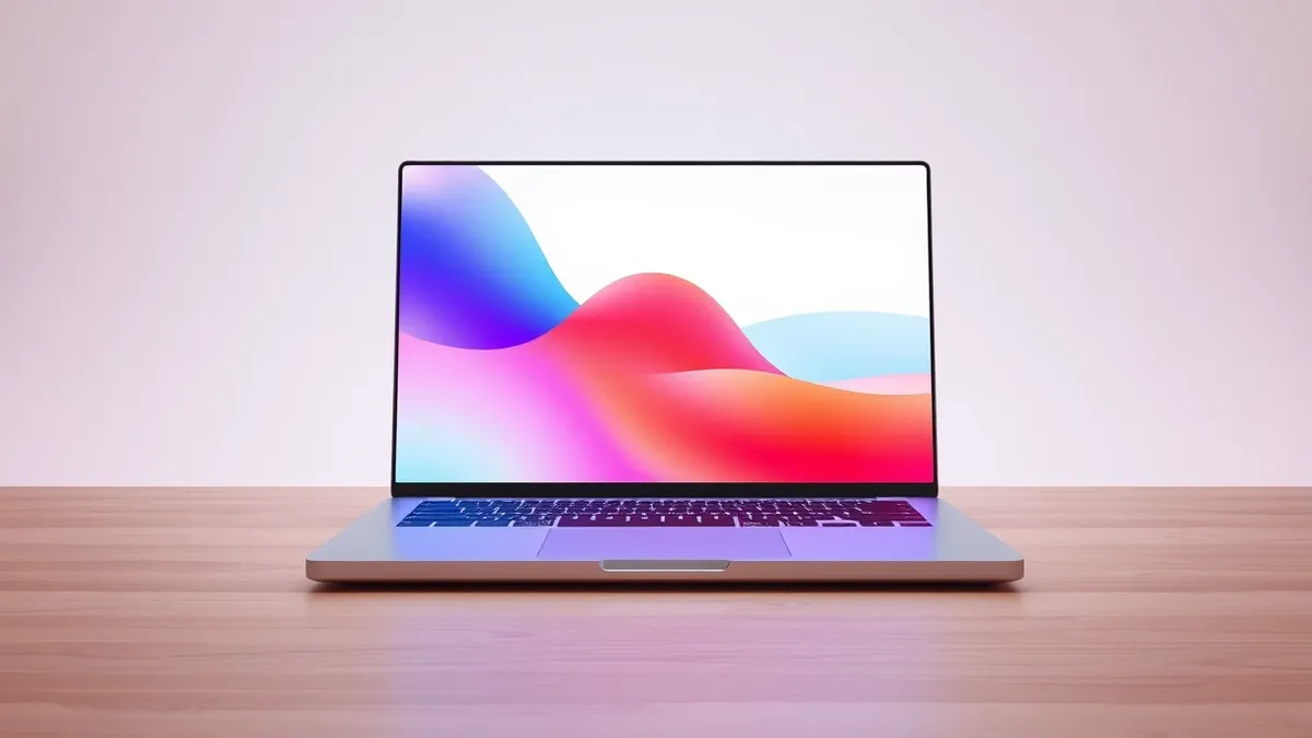 Illustration: A sleek silver laptop rests open on a smooth wooden desk, its screen displaying vibrant abstract color gradients.