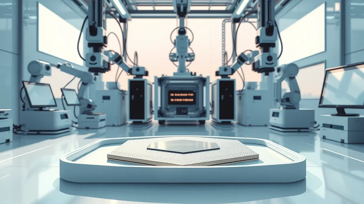 Illustration: A gleaming silicon wafer rests on a sterile white tray inside a bright cleanroom, surrounded by complex robotic arms and precision machinery, symbolizing the strict t