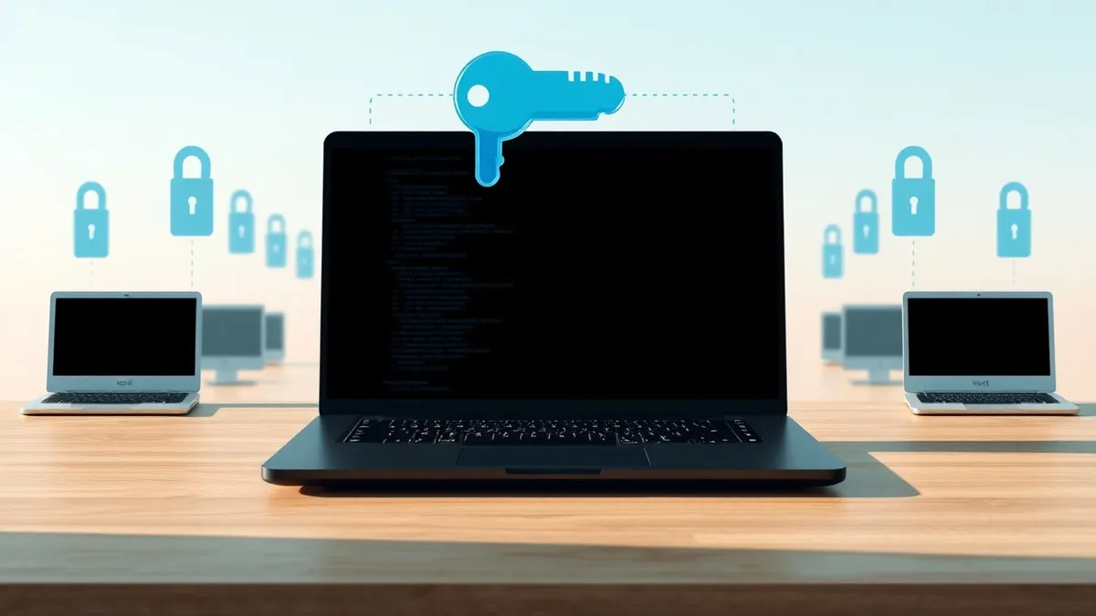 Illustration: A sleek black laptop sits on a wooden desk, its screen displaying blank code lines.