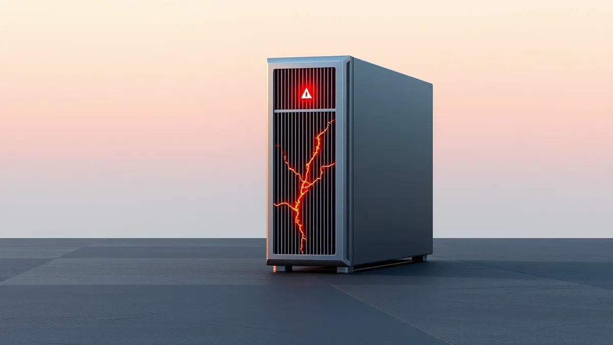 Illustration: A sleek, silver server tower stands isolated on a dark surface, its front panel displaying a single, intense red warning light.