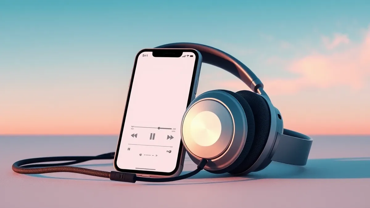 Illustration: A pair of sleek, high-fidelity over-ear headphones rests beside a generic smartphone displaying a blank, minimalist audio player interface.