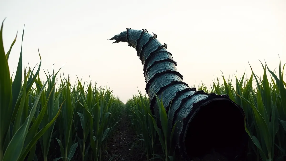 Illustration: A twisted, scorched cylinder of dark metal lies half-buried in tall green corn stalks under a flat gray sky.