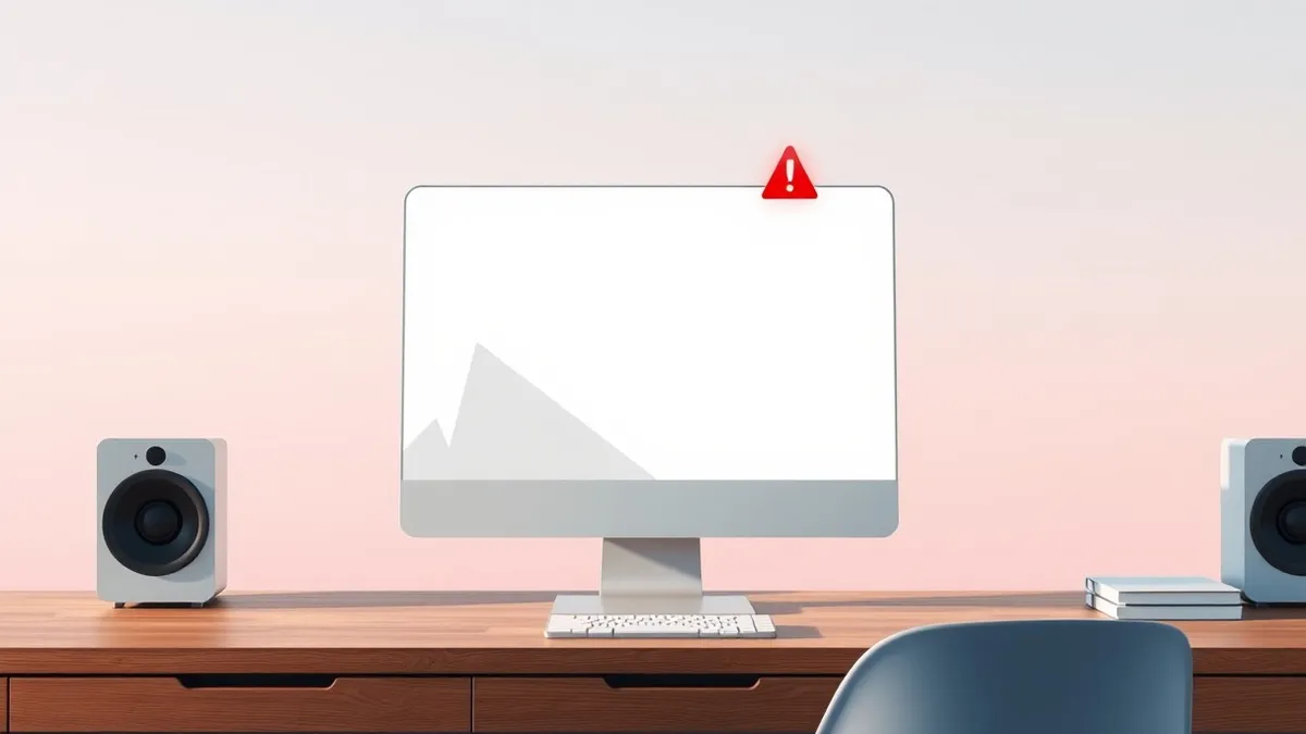Illustration: A white computer monitor sits on a wooden desk, displaying a blank white webpage layout with abstract grey geometric shapes.