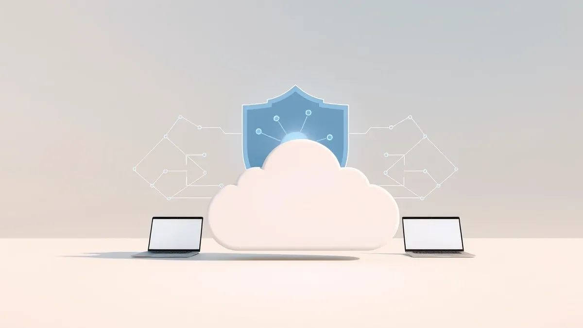 Illustration: A sleek, abstract shield hovers over a blank, minimalist cloud icon.