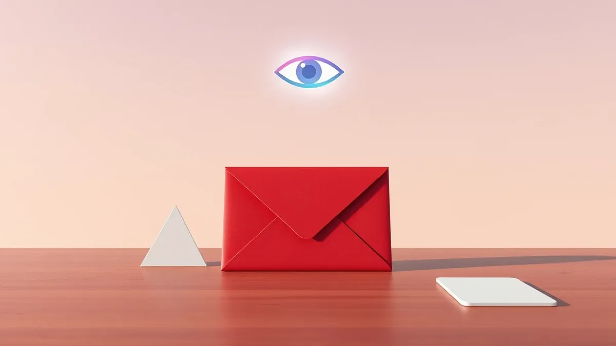 Illustration: A blank red envelope sits on a polished wooden desk next to a simple white warning triangle.