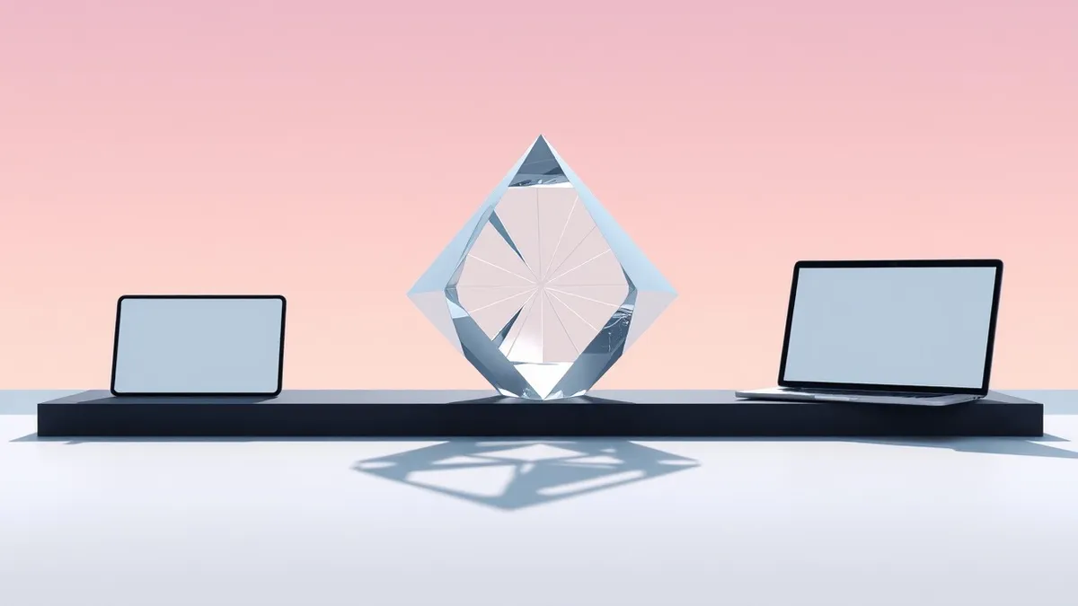 Illustration: An abstract glass prism rests on a dark surface, reflecting fractured beams of light that converge into a single coherent ray.