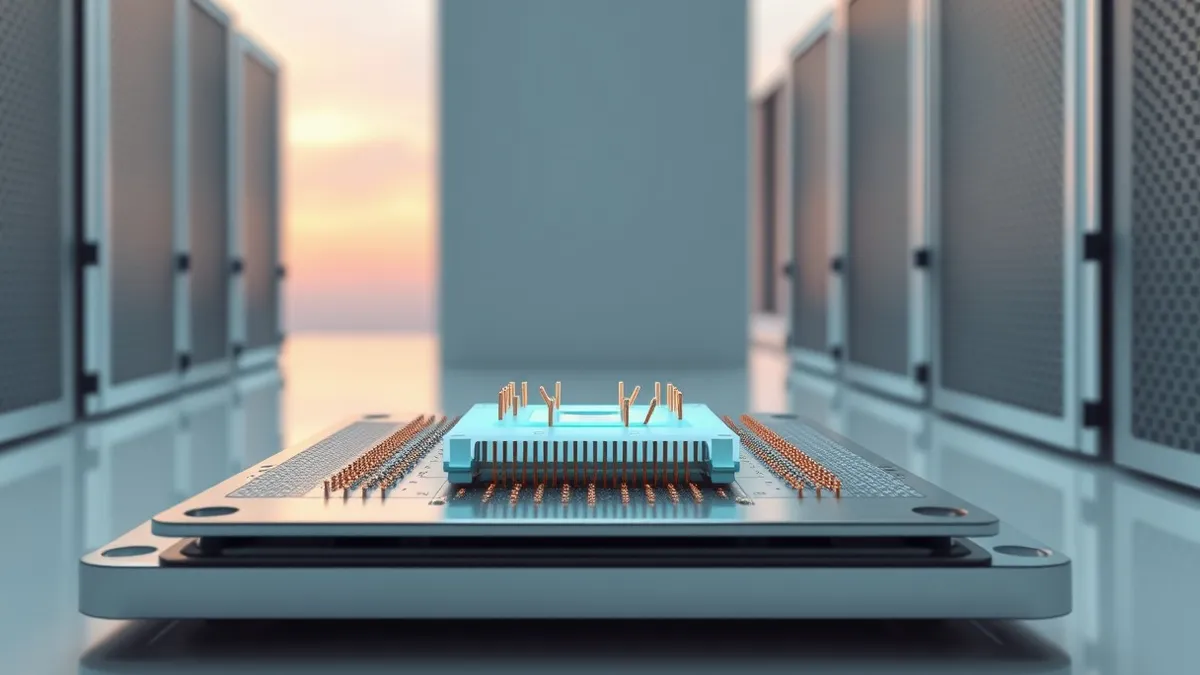 Illustration: A single white power chip rests on a polished metal server blade.
