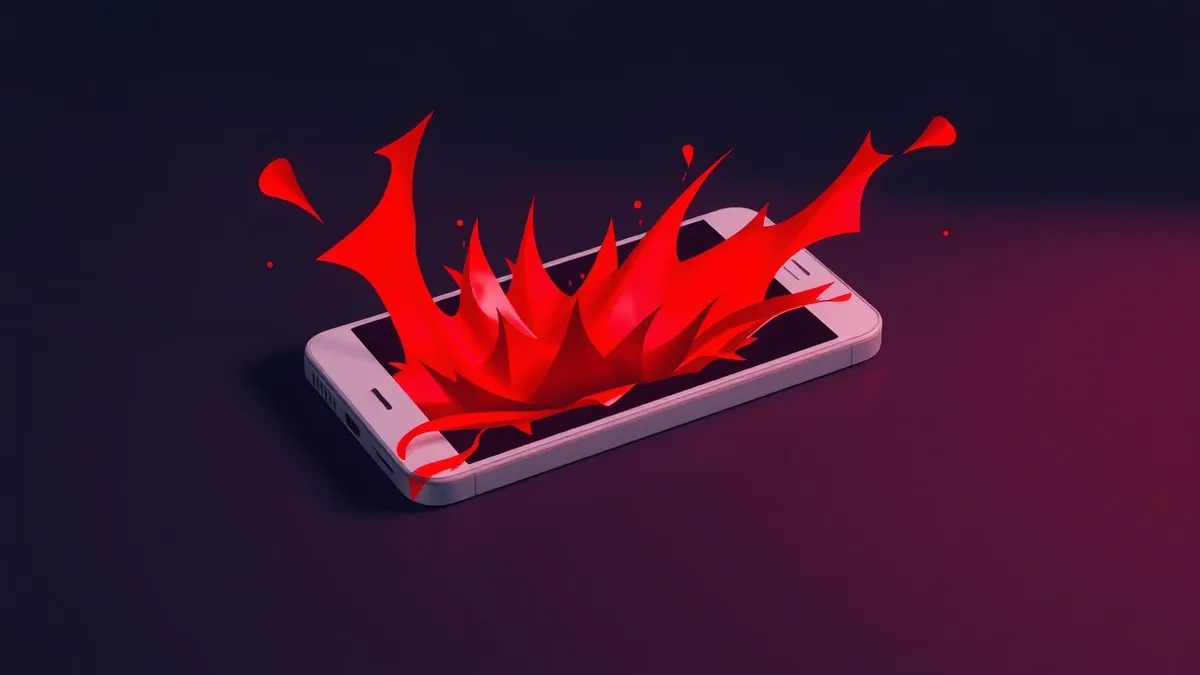 Illustration: A sleek white smartphone rests on a dark desk, its screen filled with jagged red abstract shapes that spill over the edges like digital ink.