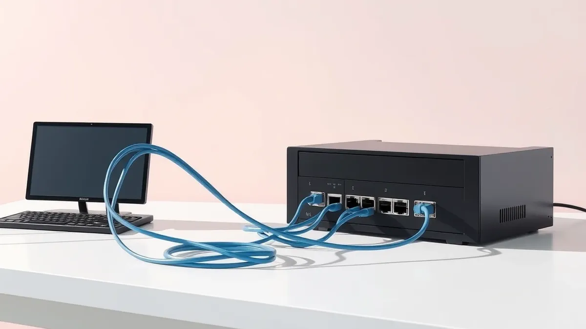 Illustration: A sleek black network firewall sits on a clean white desk, connected by a tangled knot of blue ethernet cables.