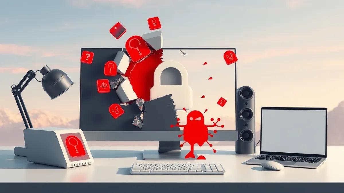 Illustration: A sleek remote support software icon sits cracked open on a digital desk, revealing deep root access symbols bleeding out from the fracture.