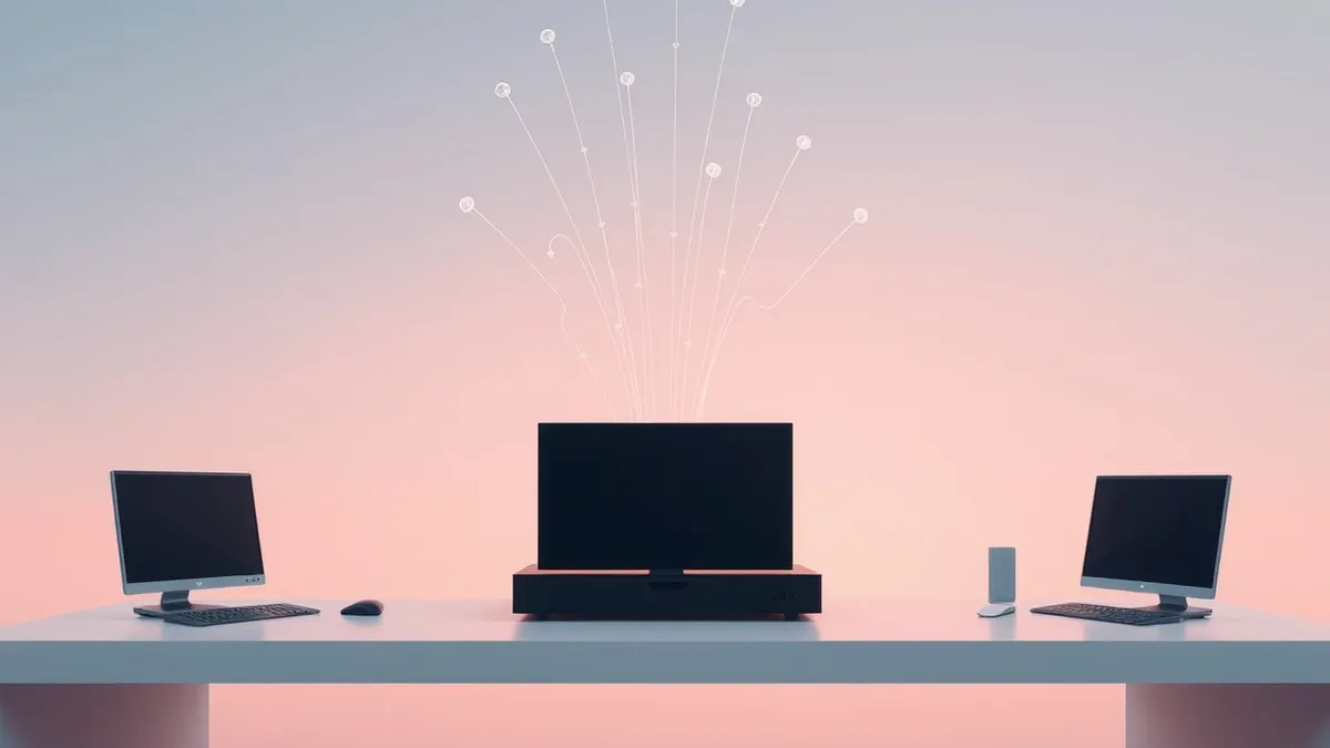 Illustration: A sleek desktop computer sits on a minimalist white desk.