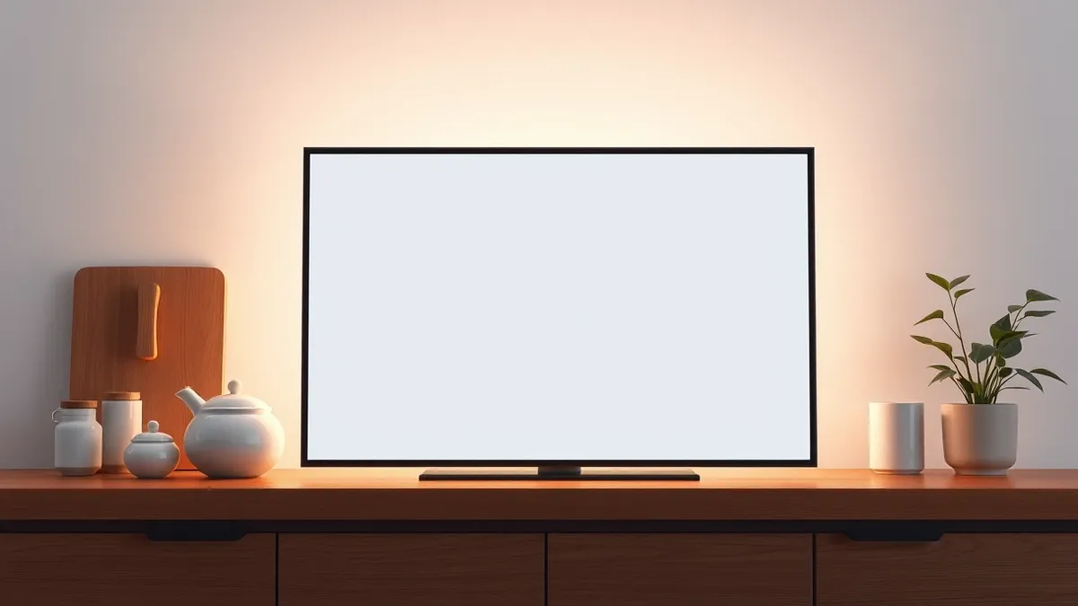 Illustration: A sleek rectangular smart display with a blank screen sits on a wooden countertop.