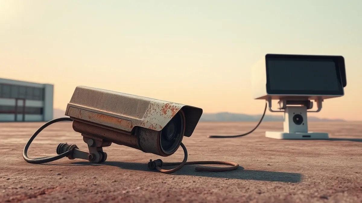 Illustration: A rusted, disconnected security camera sits abandoned on a concrete floor beside a modern, sleek surveillance unit.