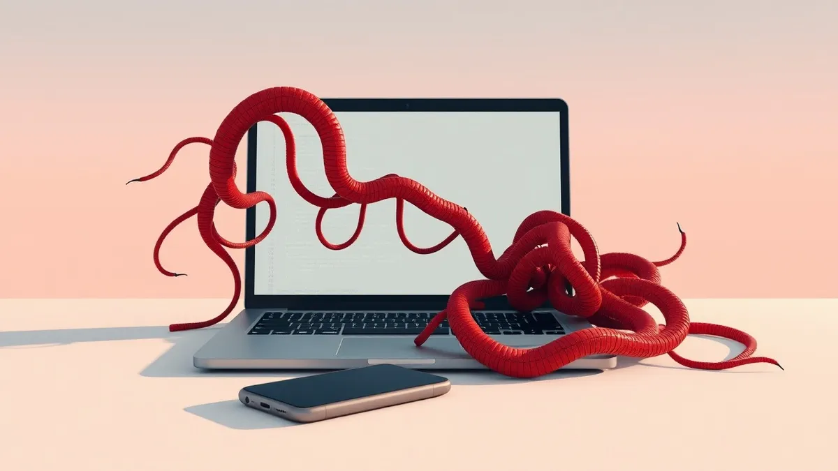 Illustration: A single open laptop displays a blank code editor window with a tangled red worm emerging from the screen.
